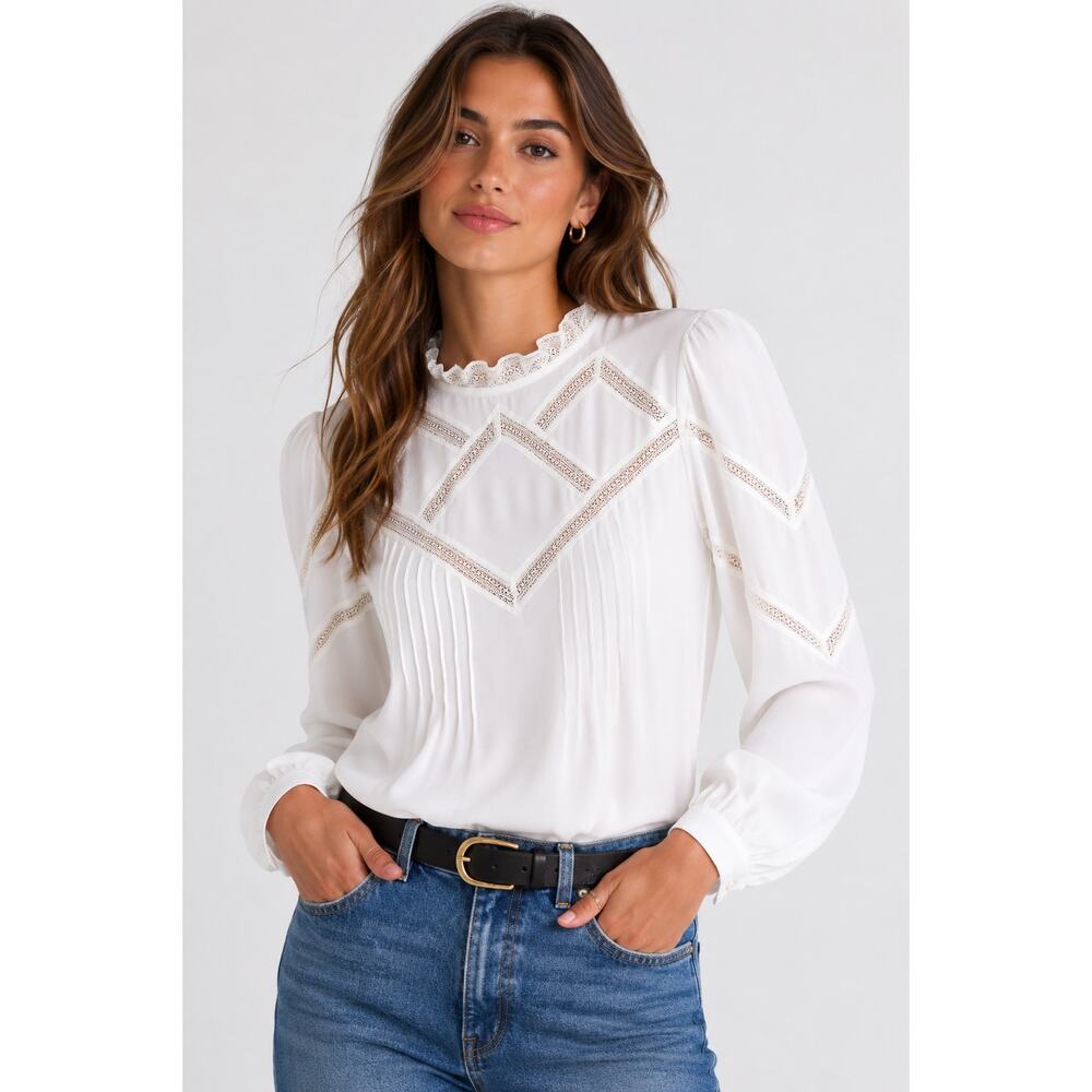 Madewell Lace Insert Mockneck Long Sleeve Top Winter White NWT Size Medium